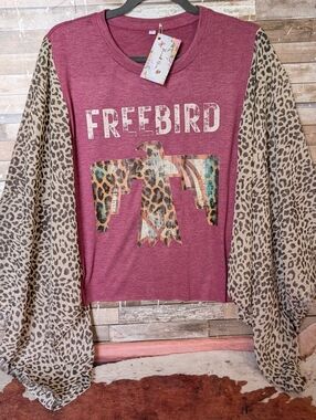 New Handcrafted Free Bird Graphic With Leopard Bat Winged Sleeves